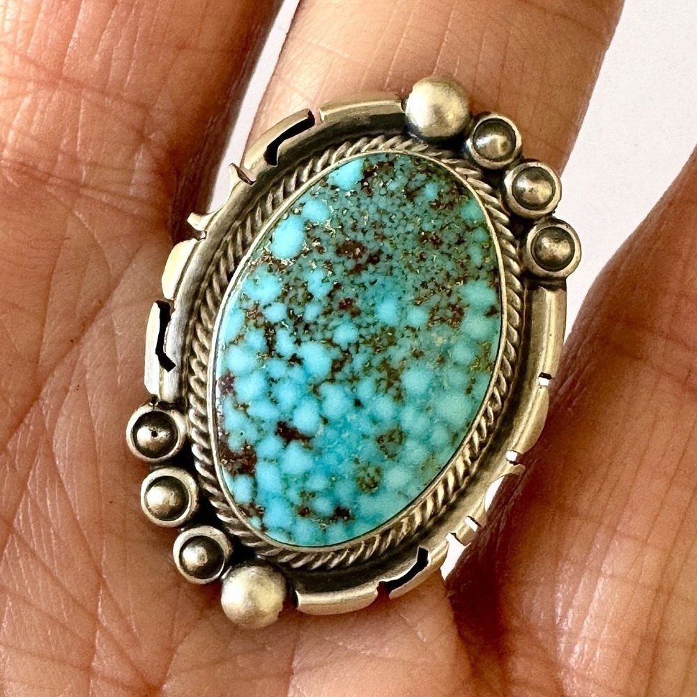 Navajo Turquoise Ring Sz 10 Sonoran Gold Sterling Benally Spiderweb Native Amer